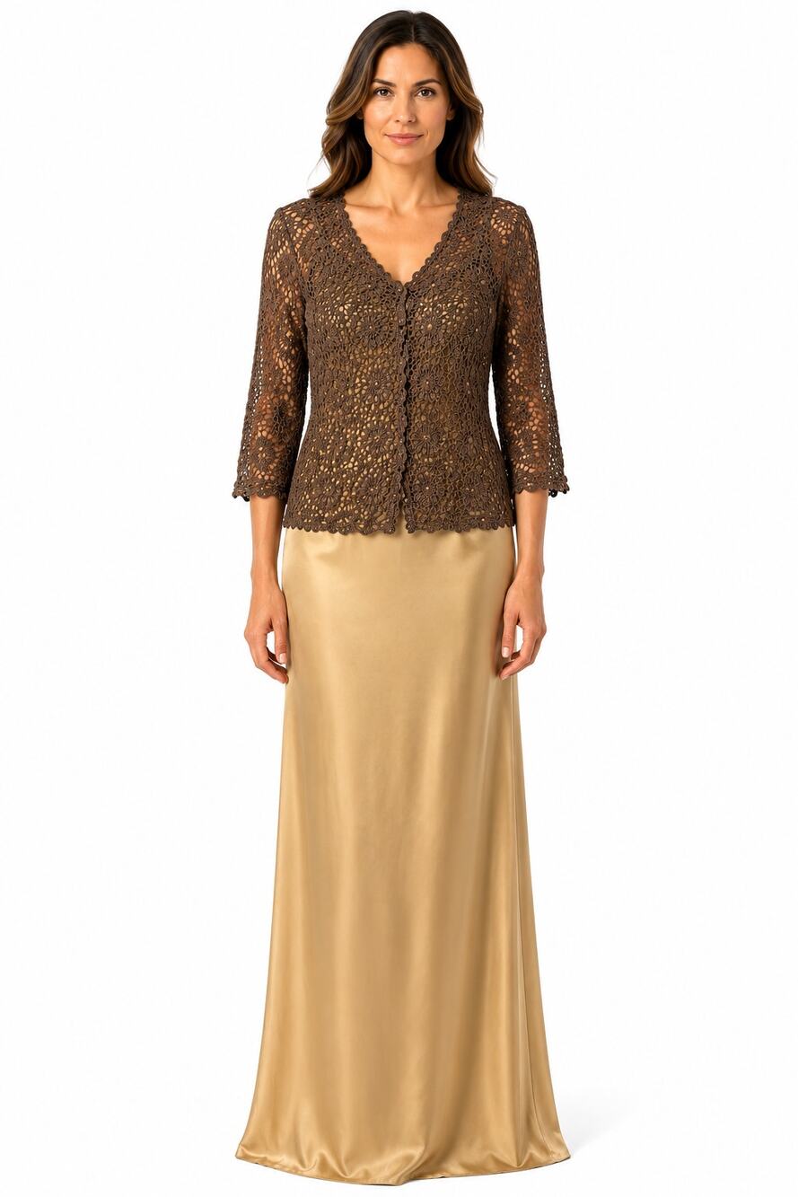 Carmen Marc Valvo Collection Maxi Dress Crochet Lace Cardigan Set Gold Brown L